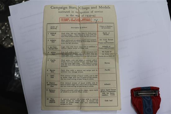 C O Young 2nd lieutenant RNVR for Faithful service and five WWII medals and ephemera